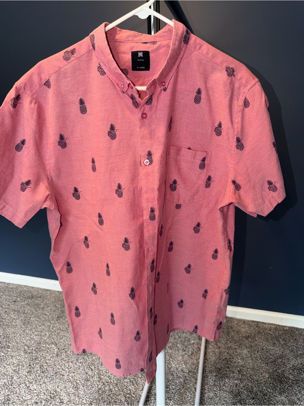 Short-Sleeve Button-Down Shirt in Coral Pink with Navy Pineapple Print
